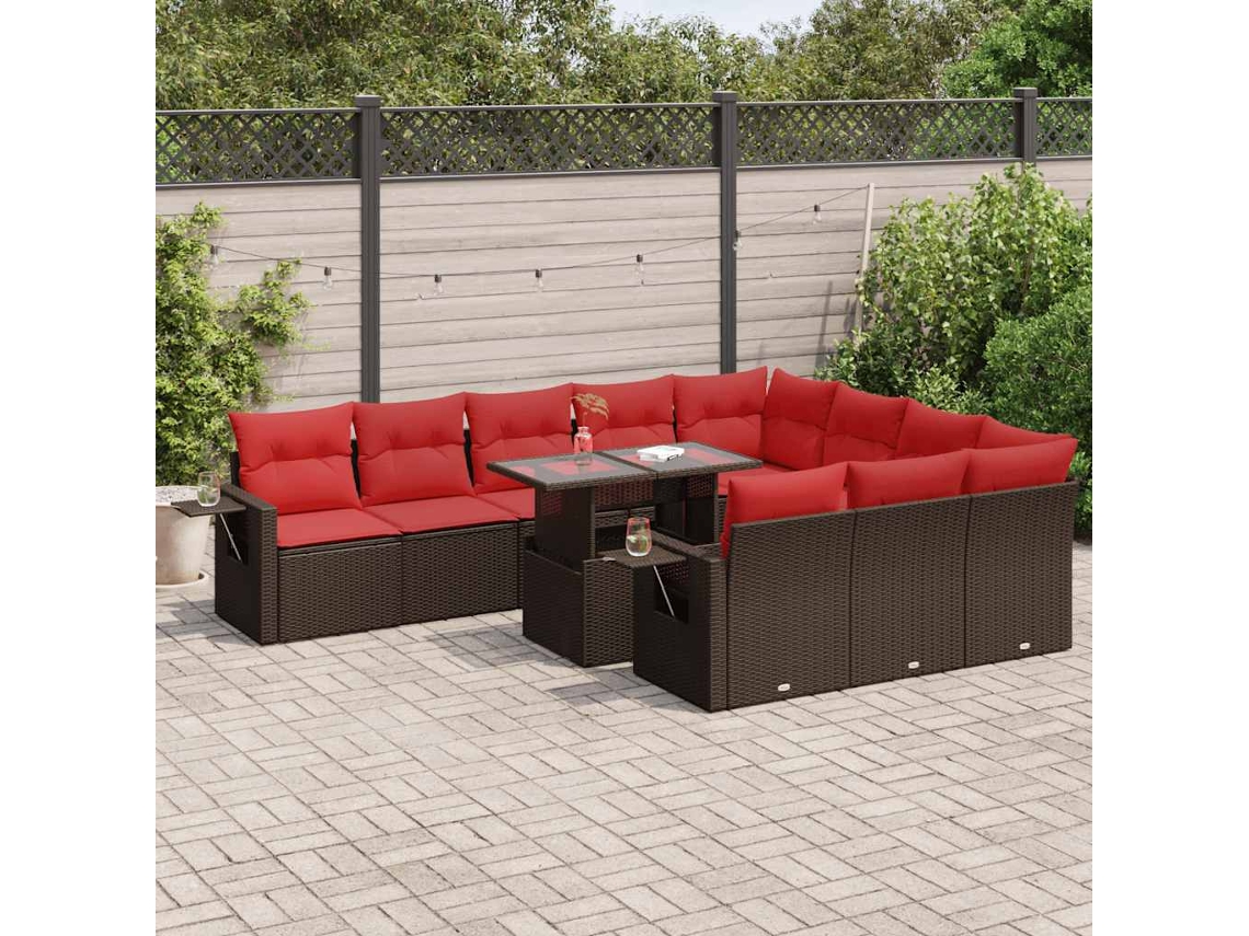 Vidaxl 11 Pcs Conj. Sofás Jardim C/ Almofadões Vime Pe/acácia Castanho