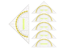 Conjunto de desenho profissional com 6 peças em plástico PP, numeradas e portáteis, ideal para ilustração técnica.