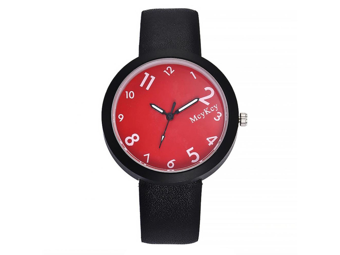 Relógio de pulso em couro sintético vermelho, com mecanismo de quartzo, caixa em aço e mostrador redondo, ideal para estudantes.