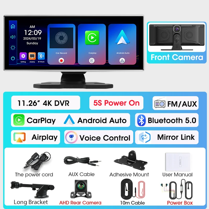(conjunto Completo) Dvr Automotivo De 11,26 Polegadas, 4k Com Lente Dupla E Carplay