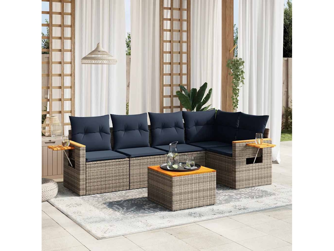 Vidaxl 6 Pcs Conjunto Sofás P/ Jardim C/ Almofadões Vime Pe Cinzento