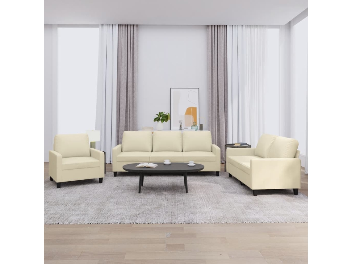 Vidaxl 3 Pcs Conjunto Sofás C/ Almofadões Couro Artificial Cor Creme