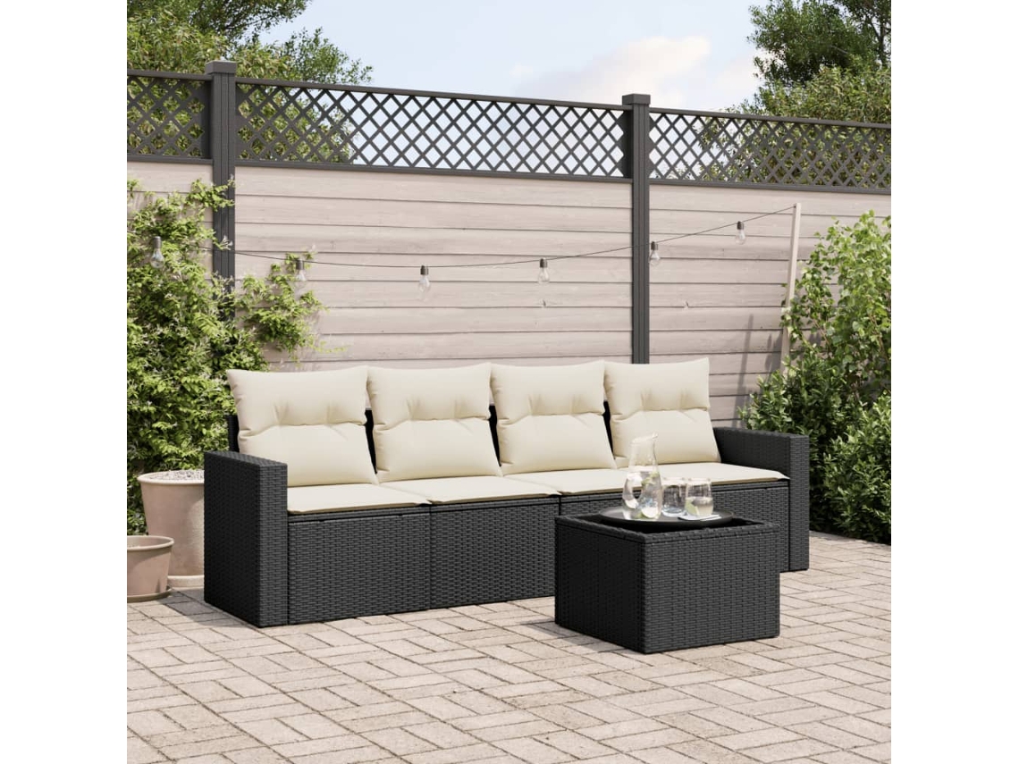 Vidaxl 5 Pcs Conjunto Sofás De Jardim Com Almofadões Vime Pe Preto