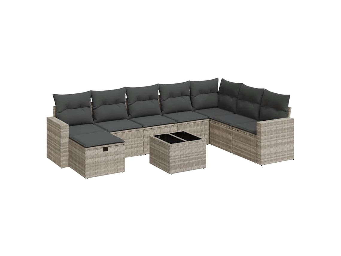 Vidaxl 9 Pcs Conj. Sofás Jardim Com Almofadões Vime Pe Cinzento-claro