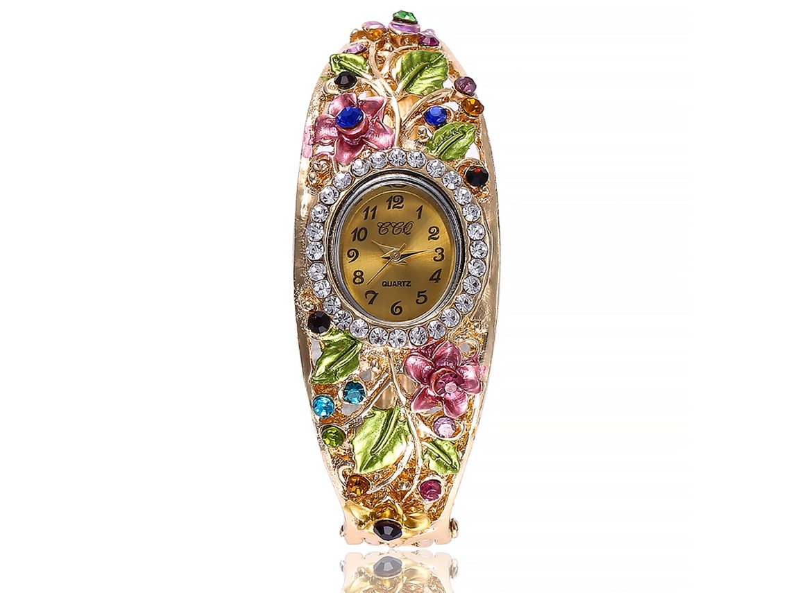 Relógio Pulseira de Liga Feminino Ccq com Decoração de Pedras Strass e Folhas Florais