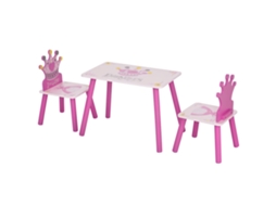 Mesa e cadeiras infantis princesas rosa em madeira com encosto coroa para quarto de criança BTFORUS