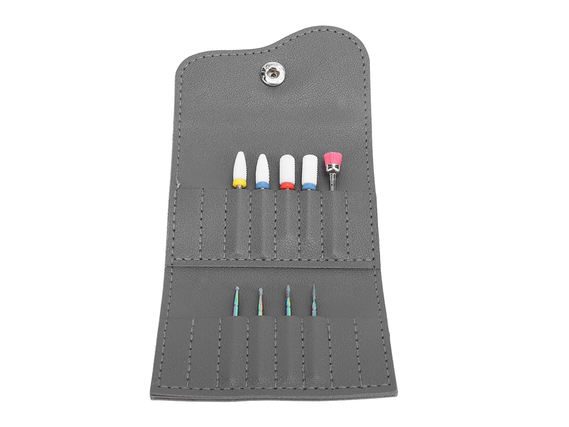 Bolsa De Armazenamento Para Brocas De Furadeira De Unhas Com 9 Brocas, Couro Pu Impermeável, Portátil, Cinza