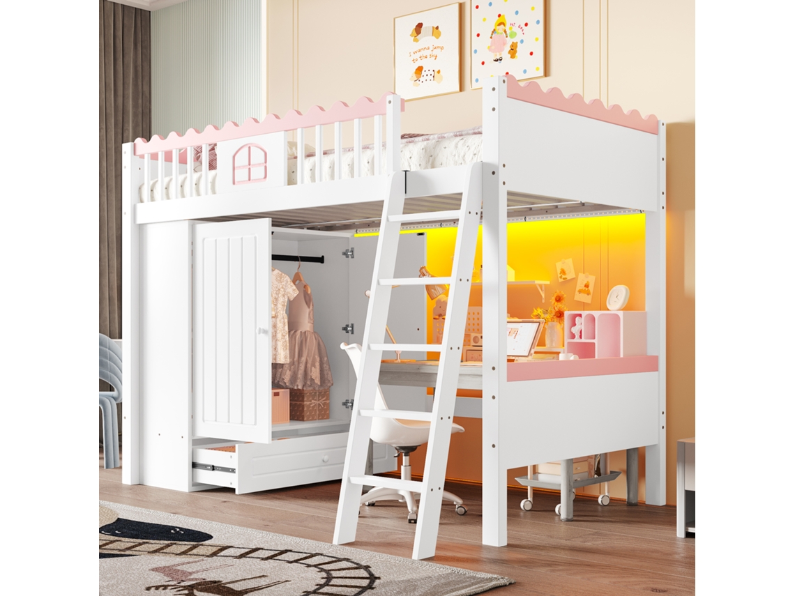 Cama Alta Individual 90x200cm Pinho Branco Com Led Armário Gaveta En747