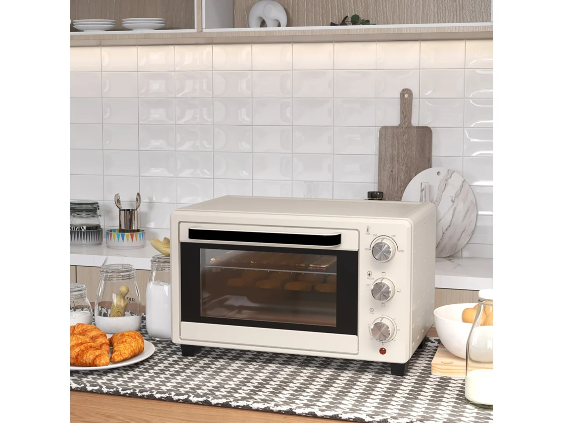 Forno pequeno de bancada com espeto giratório, 21 L, 3 funções, 100 °C - 230 °C, aço inoxidável e vidro, branco-creme. Inclui grelha Liptaptyn e assadeira.