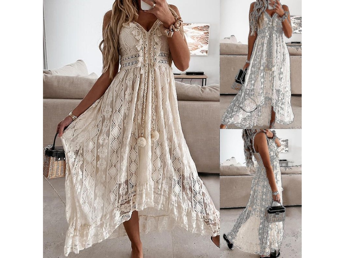 Vestido Midi de Encaje Fasst com Decote V, Saia Ancha, Festa, Verão