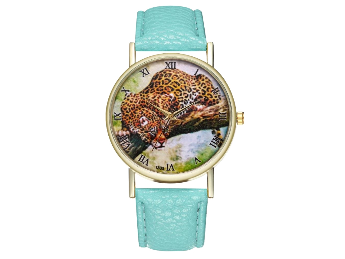 Relógio de Pulso Unissex de Moda com Pulseira de Couro Pu Padrão Leopardo (menta)