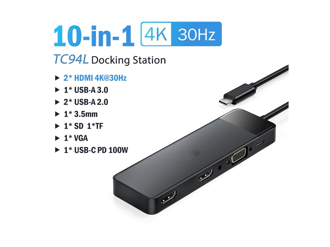 Yizhood USB C Hub 10 portas USB tipo C para Dual HDMI 4K 30Hz VGA USB 3.0 PD100W Leitor de cartão SD Estação de encaixe cinza