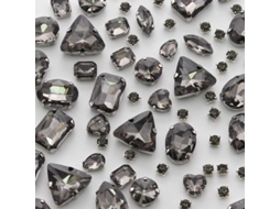 Conjunto de 100 peças de strass para costura em formatos variados, cristais de vidro com alfinete de metal prateado, cinza.