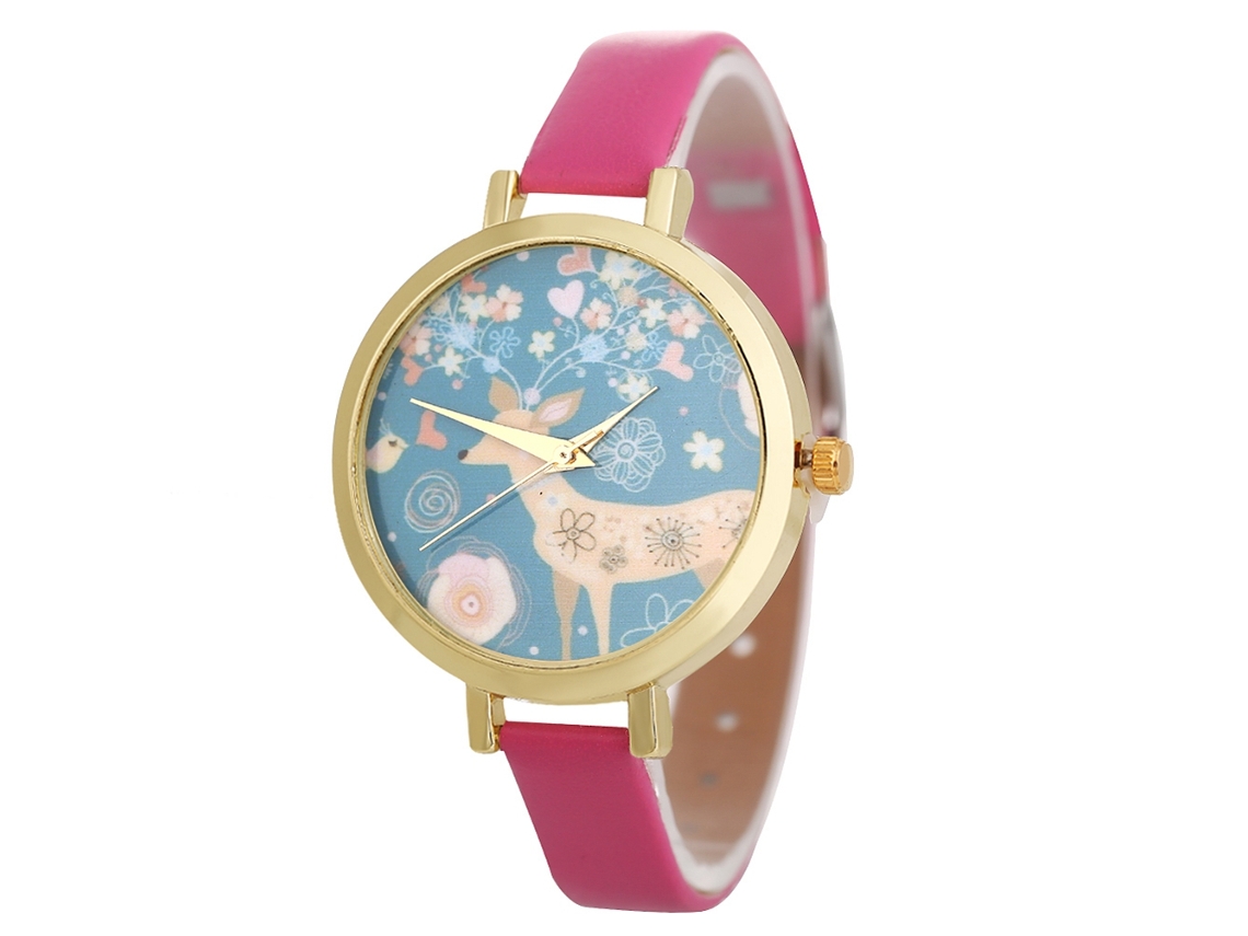 Relógio de Pulso Feminino de Moda com Pulseira Pu Relógio Analógico de Quartzo Rosa