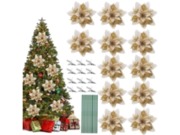 Lote De 12 Flores Artificiais De Natal Com Glitter Inclui 12 Clipes E Hastes De Metal Dourado Btforus