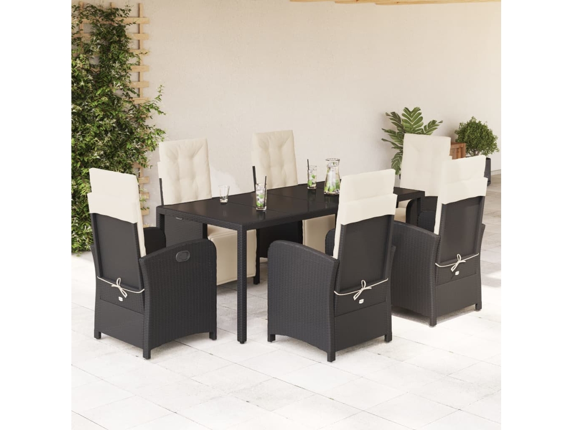 Vidaxl 7 Pcs Conjunto De Jantar P/ Jardim C/ Almofadões Vime Pe Preto