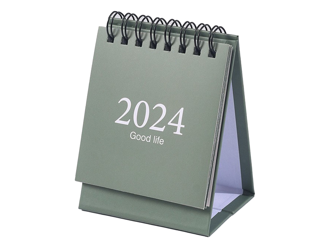 Calendário de Mesa 2024 Mini Espiral Dupla Planejador Diário para Casa e Escritório 105x75mm Verde Claro