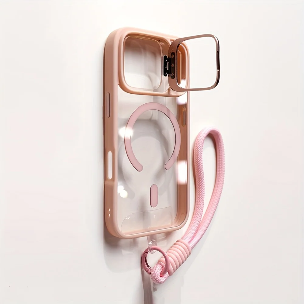 Capa Transparente Magnética Para Iphone 13 Pro Max Rosa Com Suporte Para Lente E Alça De Pulso Magsafe.
