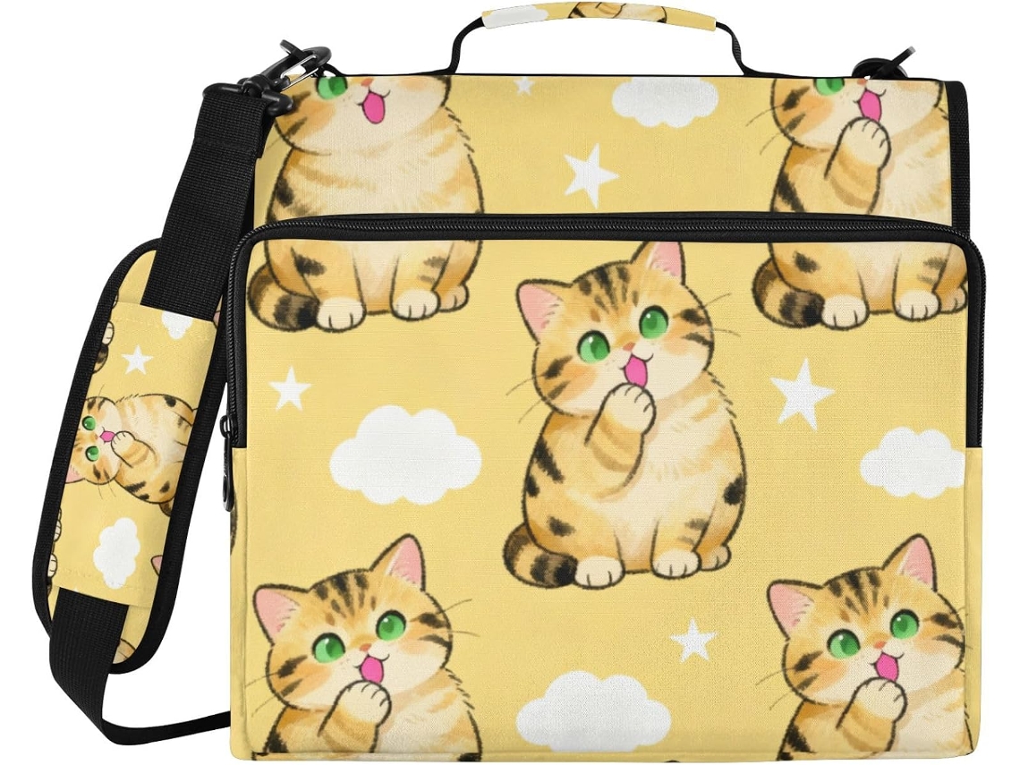Organizador de Documentos com Pasta e Data, 3 Argolas, 3,8 cm, 1,5 Polegadas, 3 Sacolas, Estampa de Gato Marrom