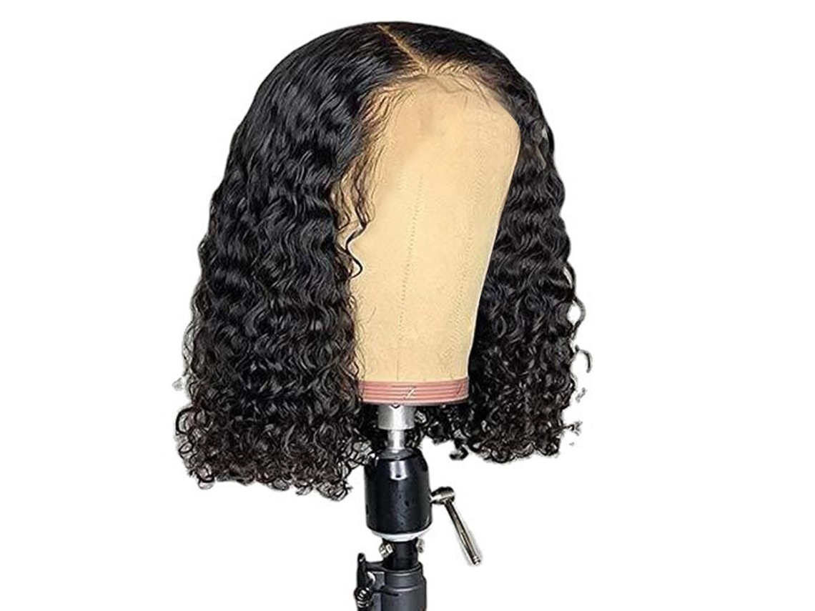 Peruca Curta Bob Ondulada Profunda De Malha Rosa Sem Cola Feita À Máquina 150% Densidade Cabelo Brasileiro