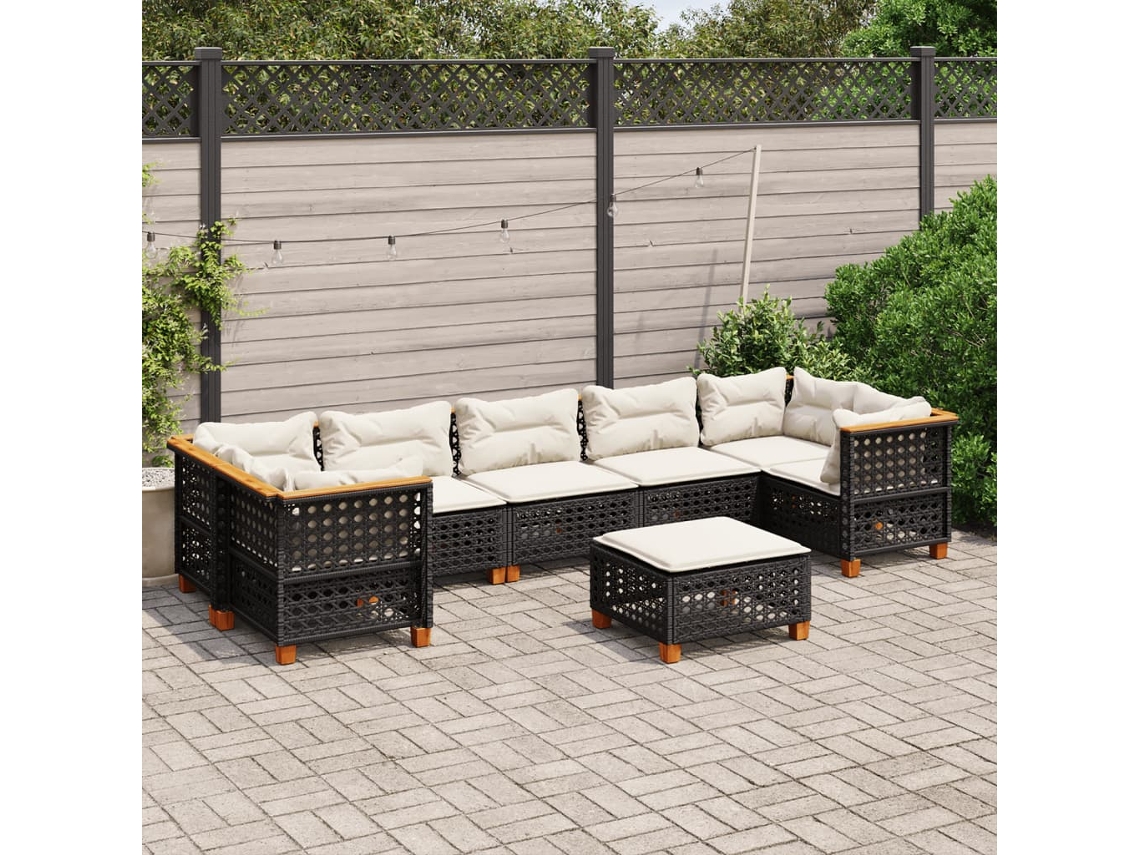 Vidaxl 8 Pcs Conjunto Sofás De Jardim Com Almofadões Vime Pe Preto