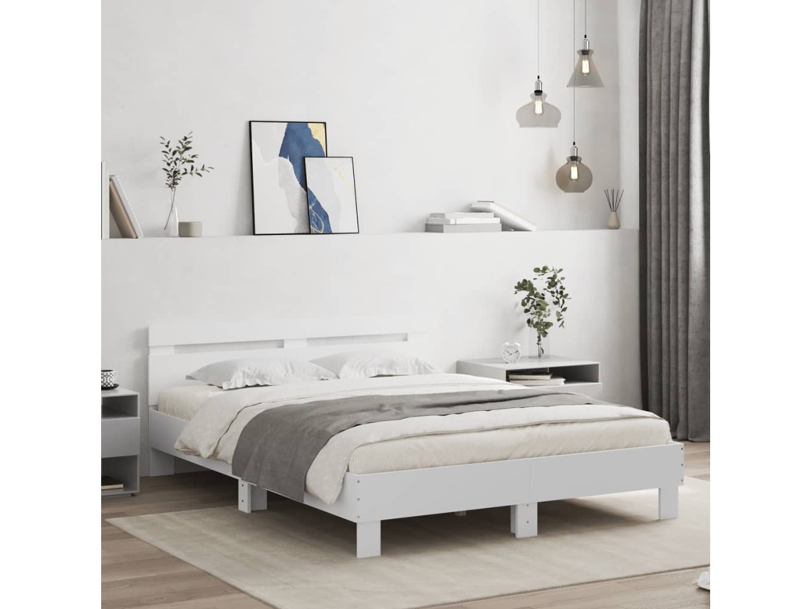 Vidaxl Estrutura Cama C/ Cabeceira 140x190 Cm Derivados Madeira Branco