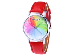 Relógio feminino de couro com mostrador redondo, mecanismo de quartzo e pulseira vermelha.