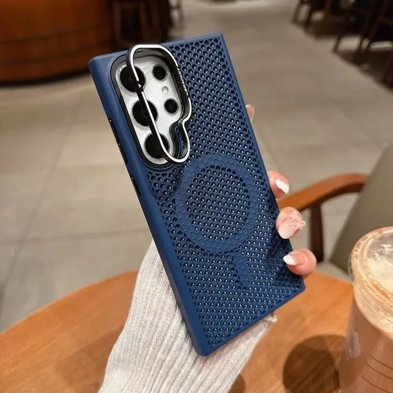 Capa Para Celular Samsung S23 Plus (azul Escuro) Com Malha Em Formato De Colmeia Para Dissipação De Calor