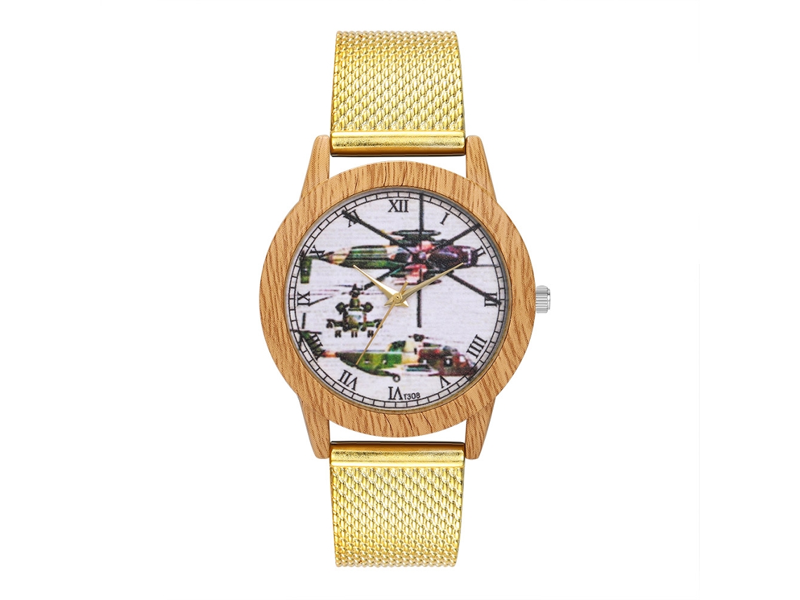 Relógio de quartzo unissex com pulseira de malha de aço, mostrador redondo e numerais romanos Zhoulianfa dourado.