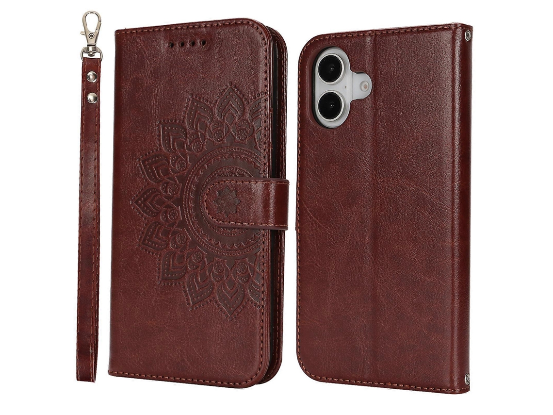 Capa Tipo Carteira De Couro Texturizado Com Alça Para Iphone 16, Marrom Escuro