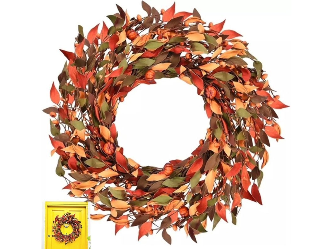 Guirlanda De Outono 60cm Com Abóboras E Folhas Artificiais Para Porta Halloween Natal