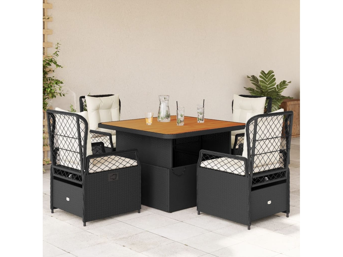 Vidaxl 5 Pcs Conjunto De Jantar P/ Jardim C/ Almofadões Vime Pe Preto
