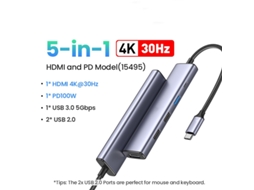 Yizhood USB C Hub 5 em 1 4k HDMI USB Hub 100w Docking Station para Macbook Pro/air, Ipad Pro, Imac, Iphone 15 Pro/pro Max, Xps Cinza
