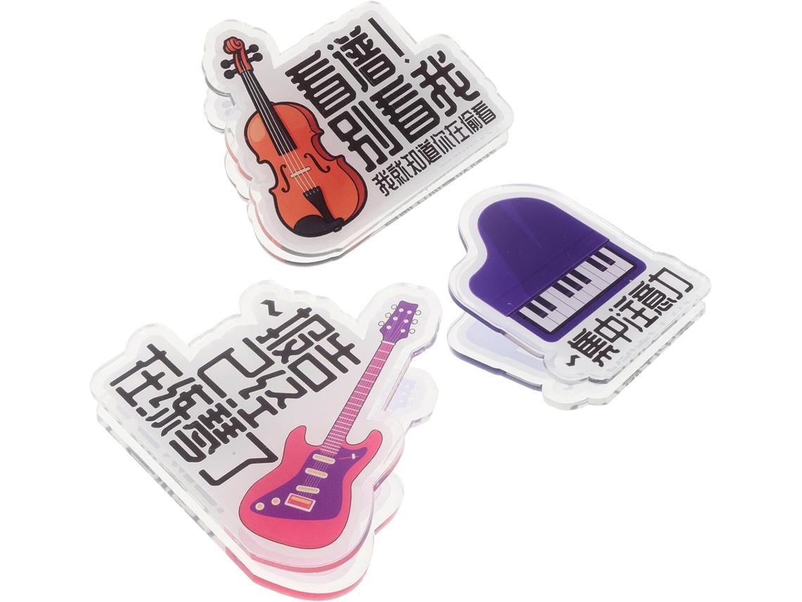 Conjunto de 3 alfinetes para partituras, design criativo, suporte leve em plástico para piano, guitarra e violino.