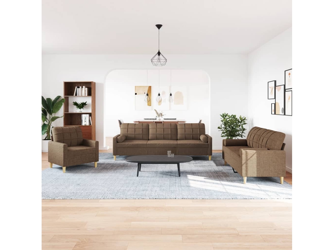 3pcs Conjunto de Sofás C/ Almofadas Decorativas Tecido Castanho SYFAX