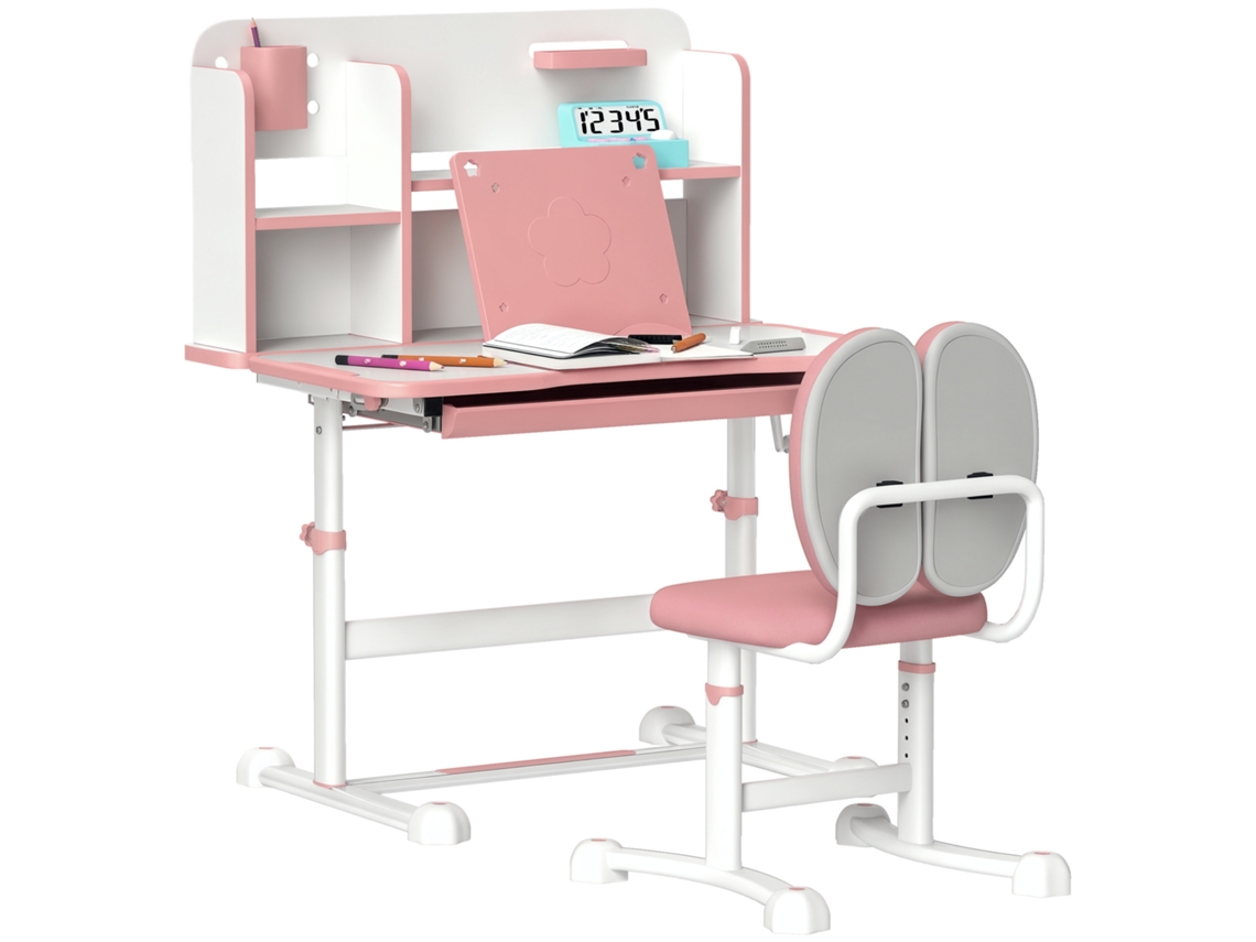 Mesa e Cadeira Infantil Ajustável para Crianças com gaveta e prateleira rosa BTFORUS