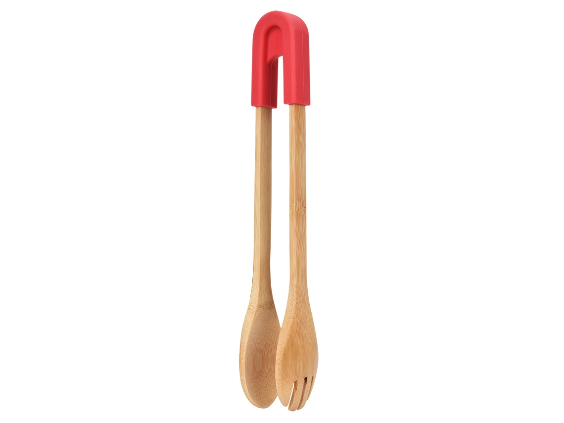 Tong De Cozinha De Bambu Com Cabeça De Silicone Vermelha