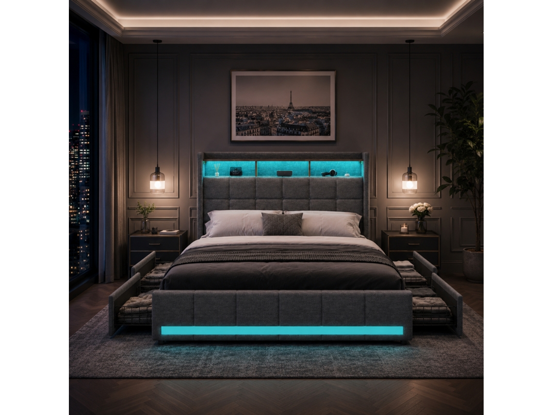 Cama Baú 140x190 com iluminação LED e portas USB, Cama de Casal com 4 Gavetas Grandes, Cabeceira, Sem Colchão, Cinza
