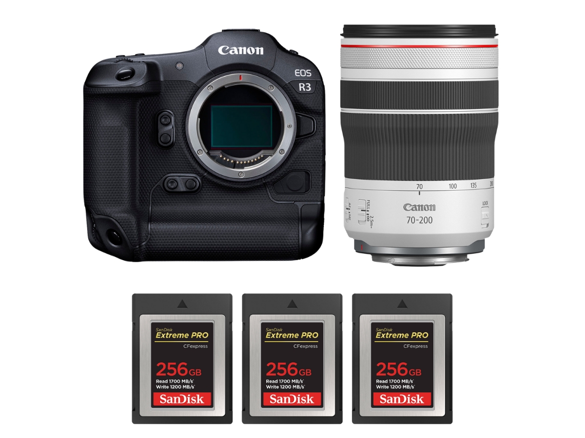 Eos R3 + Rf 70 200mm F/4 L Is Usm + 3 Sandisk 256gb Extreme Pro Cfexpress Type B + Ebook “20 Dicas para Fotos Que Impressionam” CANON