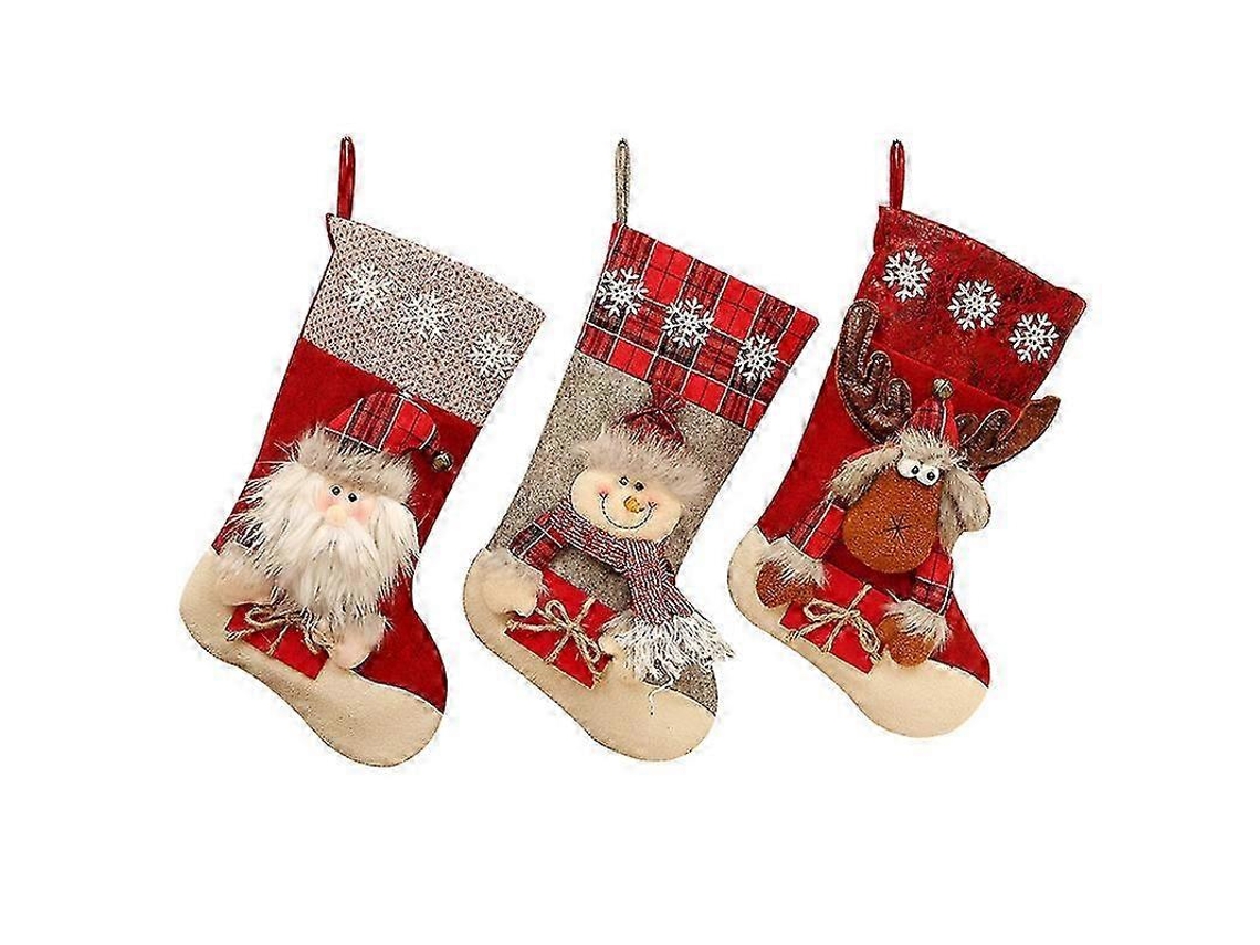 3 Meias De Natal Penduradas, Grande Sacola De Presente De Natal, Com Renas E Papai Noel. Loja Olysi