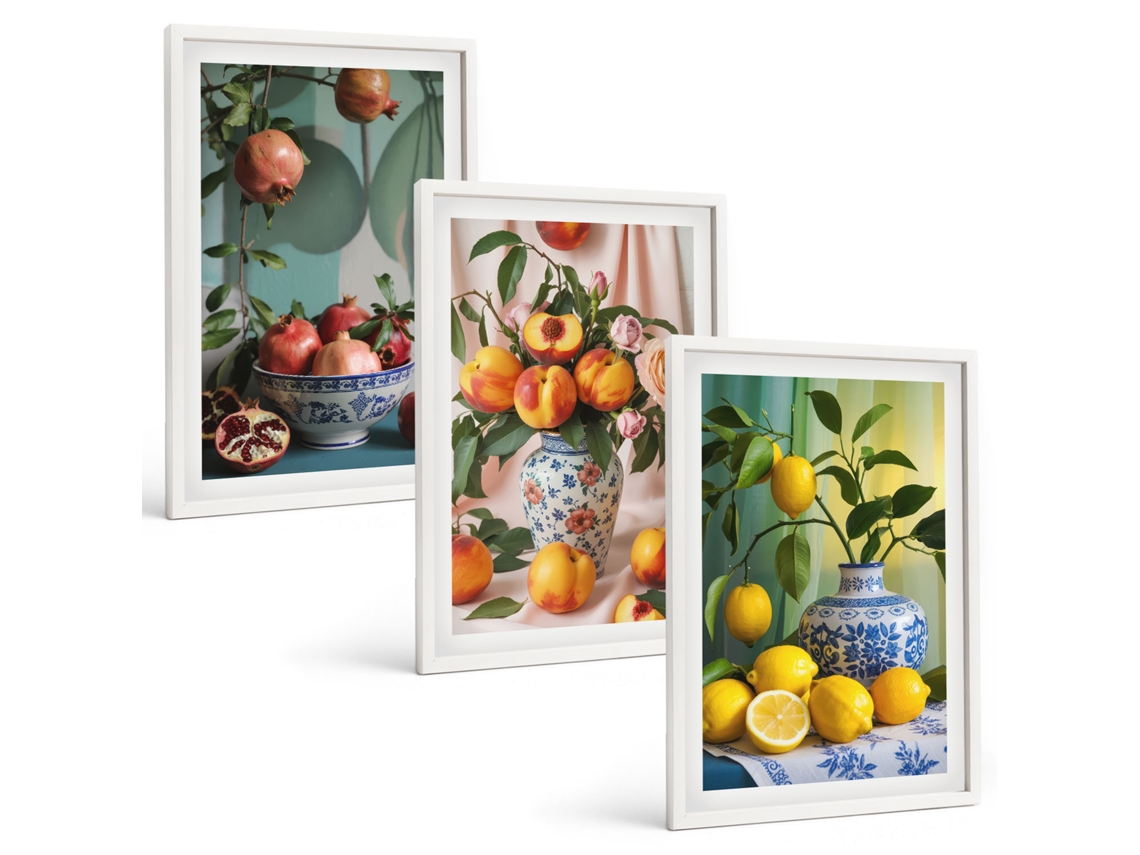 Quadros Decorativos Para Parede Romãs, Pêssegos, Limões Moldura Branca Imagens Para Um Quarto Infantil Espelharte (3 Piezas De 40x60 Cm)