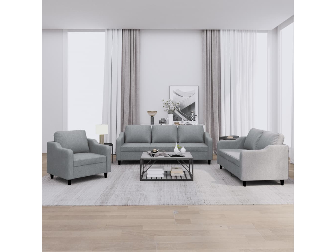 Vidaxl 3 Pcs Conjunto De Sofás Com Almofadões Tecido Cinzento-claro