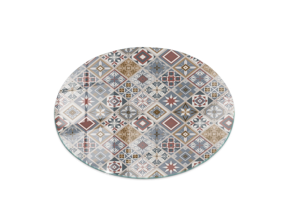 Tampo De Vidro Redondo Espelharte (100 Cm - Padrão De Mosaico Com Ornamentos - Cinza)