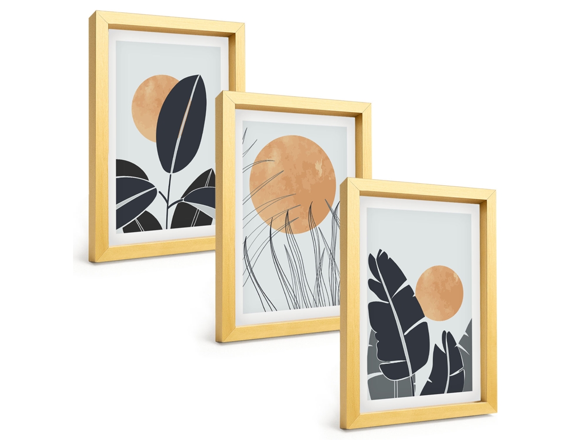 Composição De Quadros Na Paredepadrões De Plantas, Sóis Grandes E Minimalistas Moldura Dourada Pinturas De Quarto Espelharte (3 Peças 20x30 Cm)