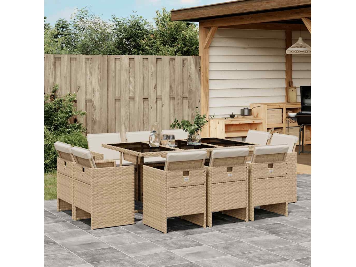 Vidaxl 11 Pcs Conjunto De Jantar P/ Jardim Com Almofadões Vime Pe Bege