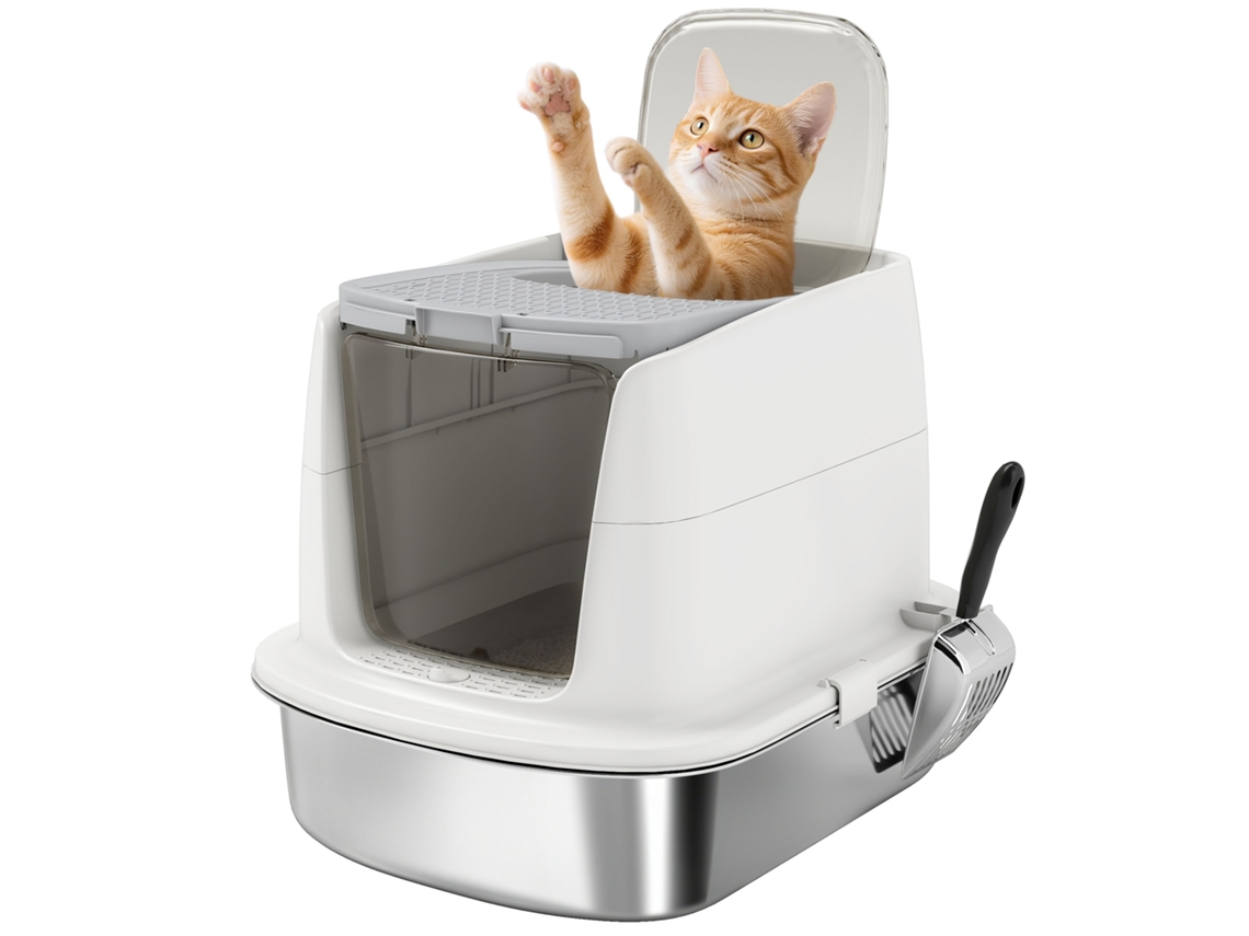 Caixa Areia de para Gatos em Aço Inoxidável L com Tampa Rebatível Pá Metálica Saco Desodorizante Fácil de Limpar Branco