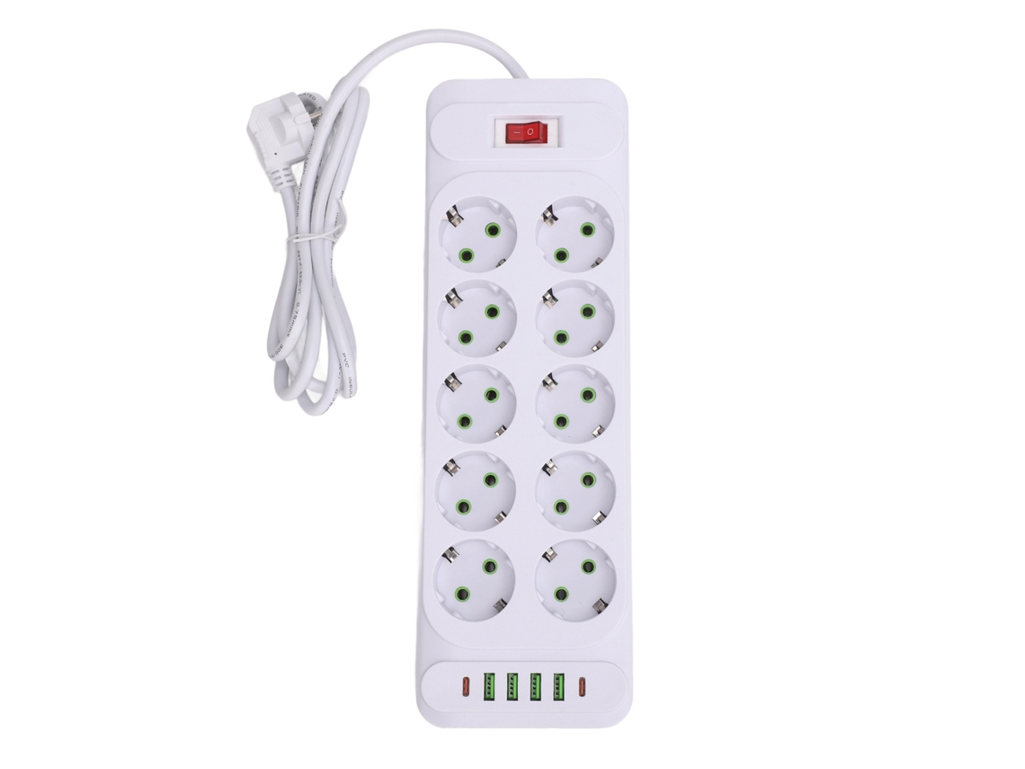 Barra De Tomadas Europeia 10 Tomadas 4 Usb 2 Type C Com Cabo 2m E Chave De Sobrecarga