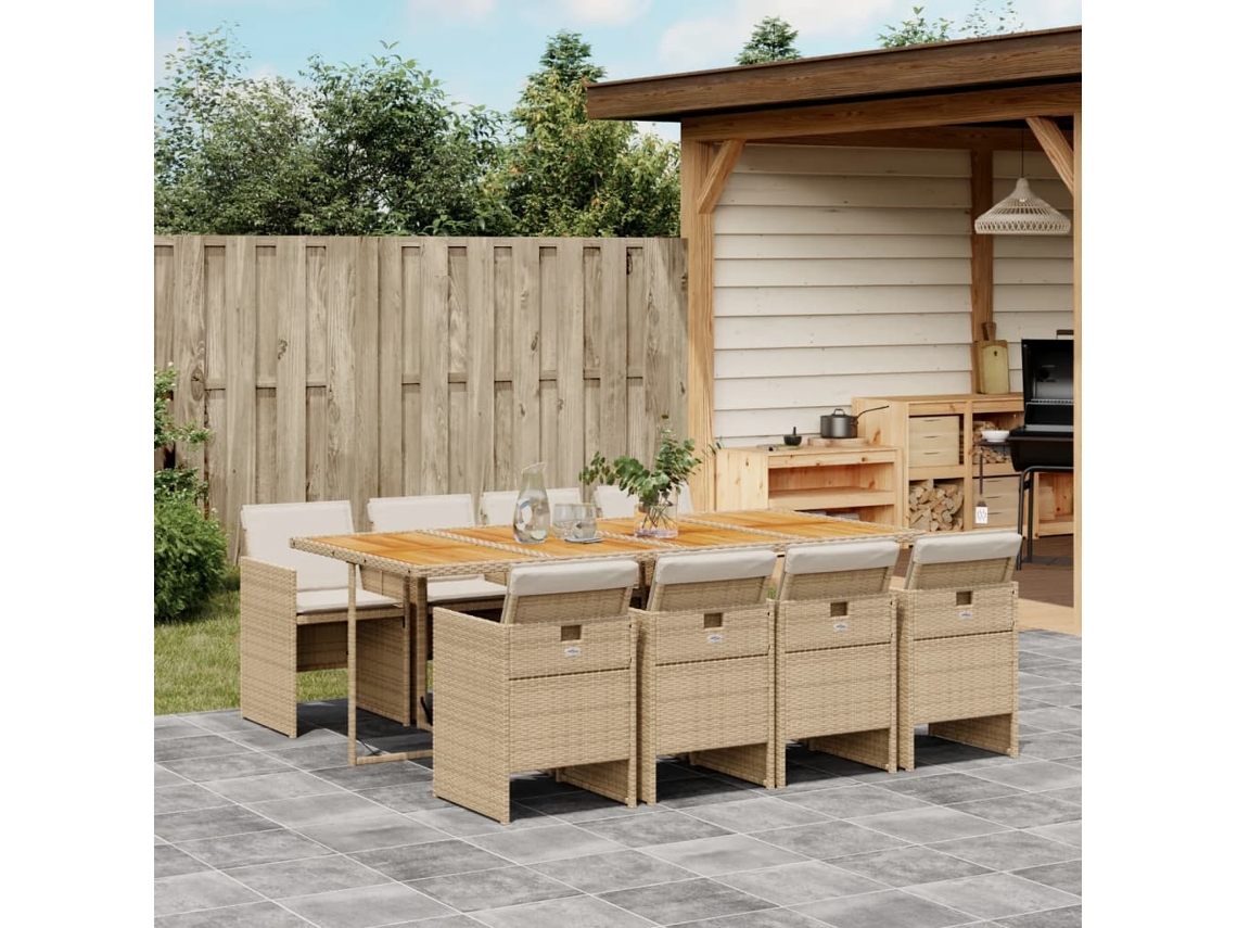 Conjunto 9 Peças Jantar P/ Jardim Com Almofadões Vime Pe Bege Dkd Home Decor