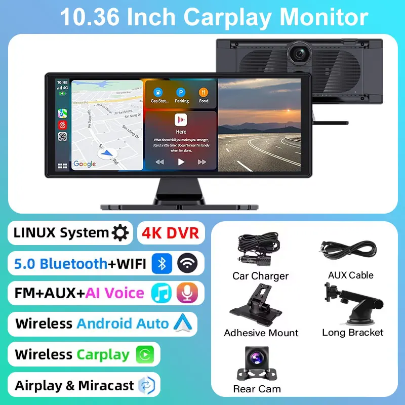 (ahd) Câmera Veicular Inteligente, Câmera De Ré 4k Sem Fio De 10,33 Polegadas Com Carplay