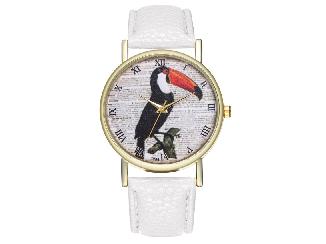Relógio analógico de quartzo com pulseira de PU para mulheres/homens, estampa de pássaro fofo (branco)